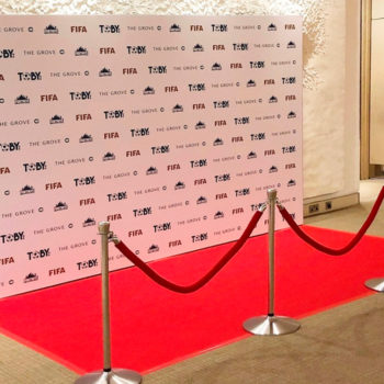 step and repeat wall with red carpet. ropes and posts